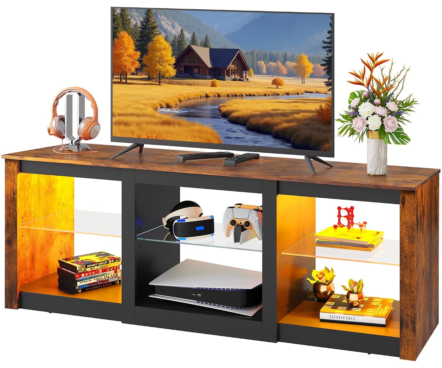 Meja TV LED dengan Rak Kaca &  - Gaming Console Entertainment Center ulasan dan harga