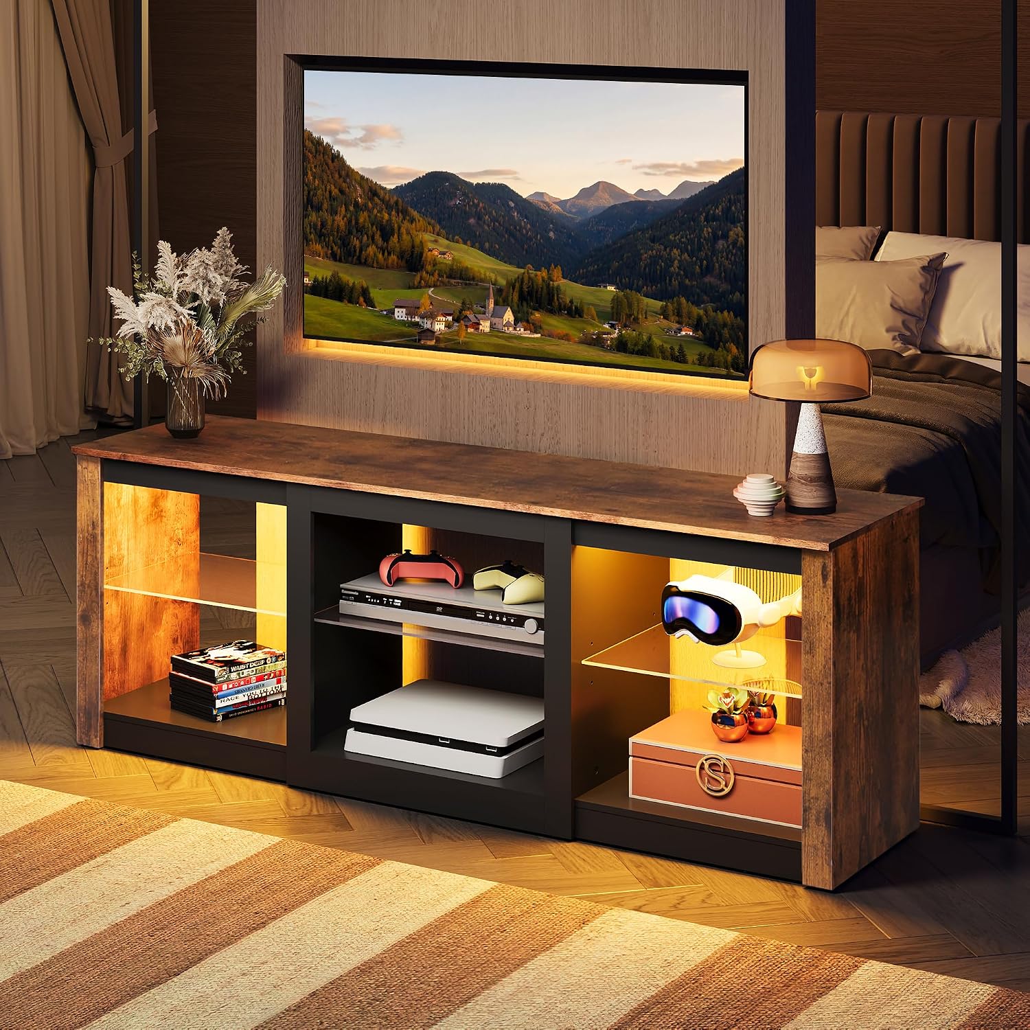 Meja TV LED dengan Rak Kaca &  - Gaming Console Entertainment Center ulasan dan harga