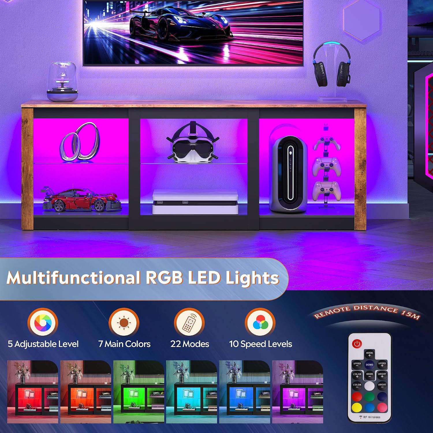 Meja TV LED dengan Rak Kaca &  - Gaming Console Entertainment Center ulasan dan harga